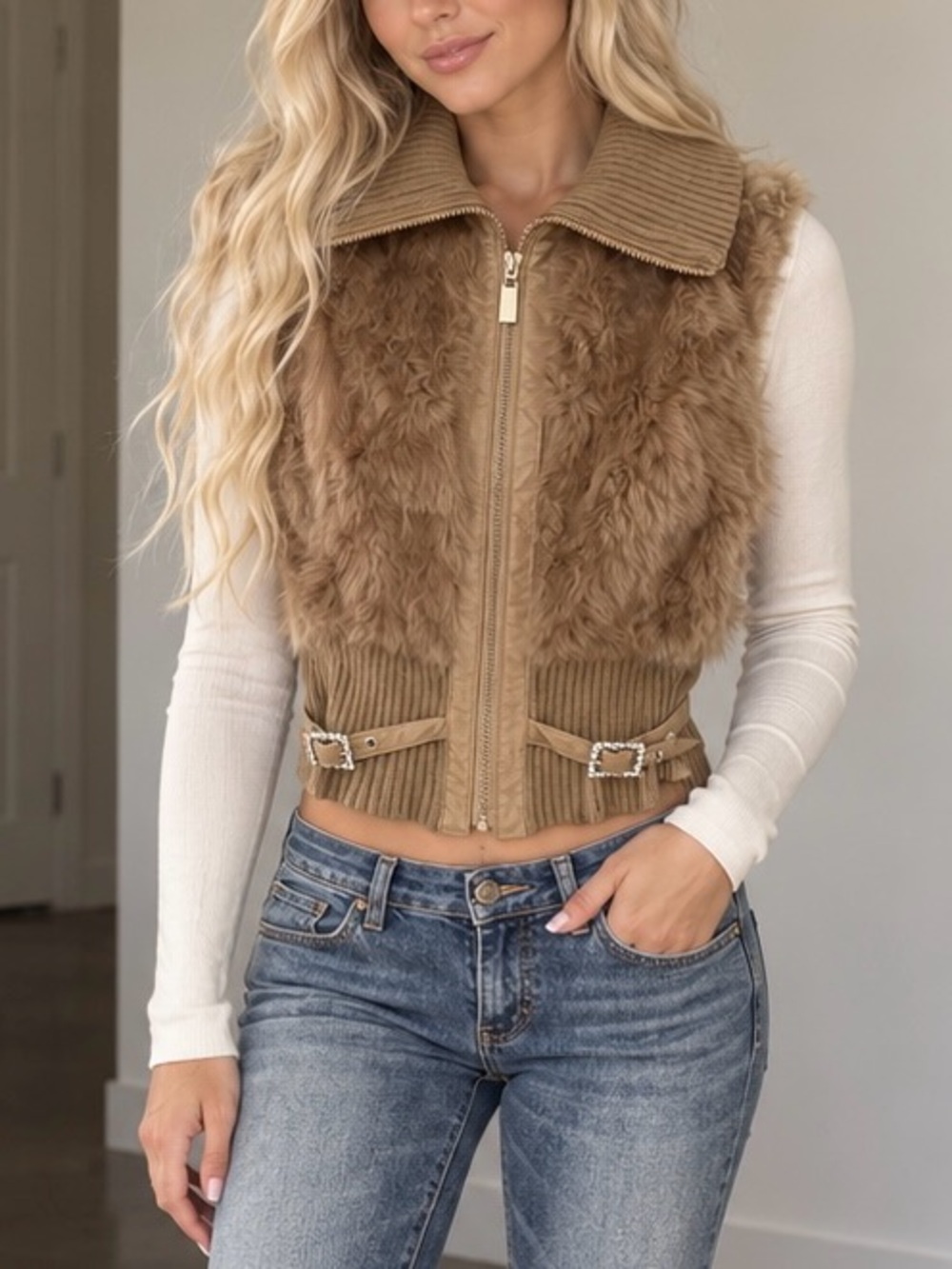 Y2K Julia Woman Genuine Rabbit Fur Knit Vest Brown Size Medium